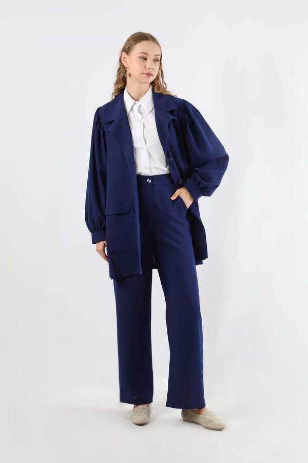 Buy Balloon Sleeve Jacket Pants Suit Navy Blue- Zülays