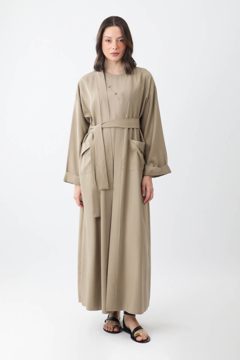 Elbisesi Düğmeli Abaya Takım Camel