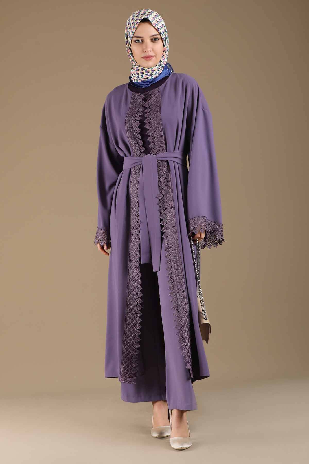 Buy Lace Detailed Abaya Suit Purple - Zülays